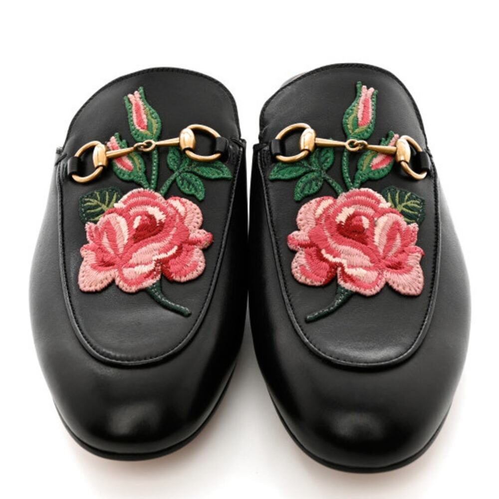 GUCCI Princetown Leather Mules Enbroidered Floral Horsebit Flats Sz. 36 NEW